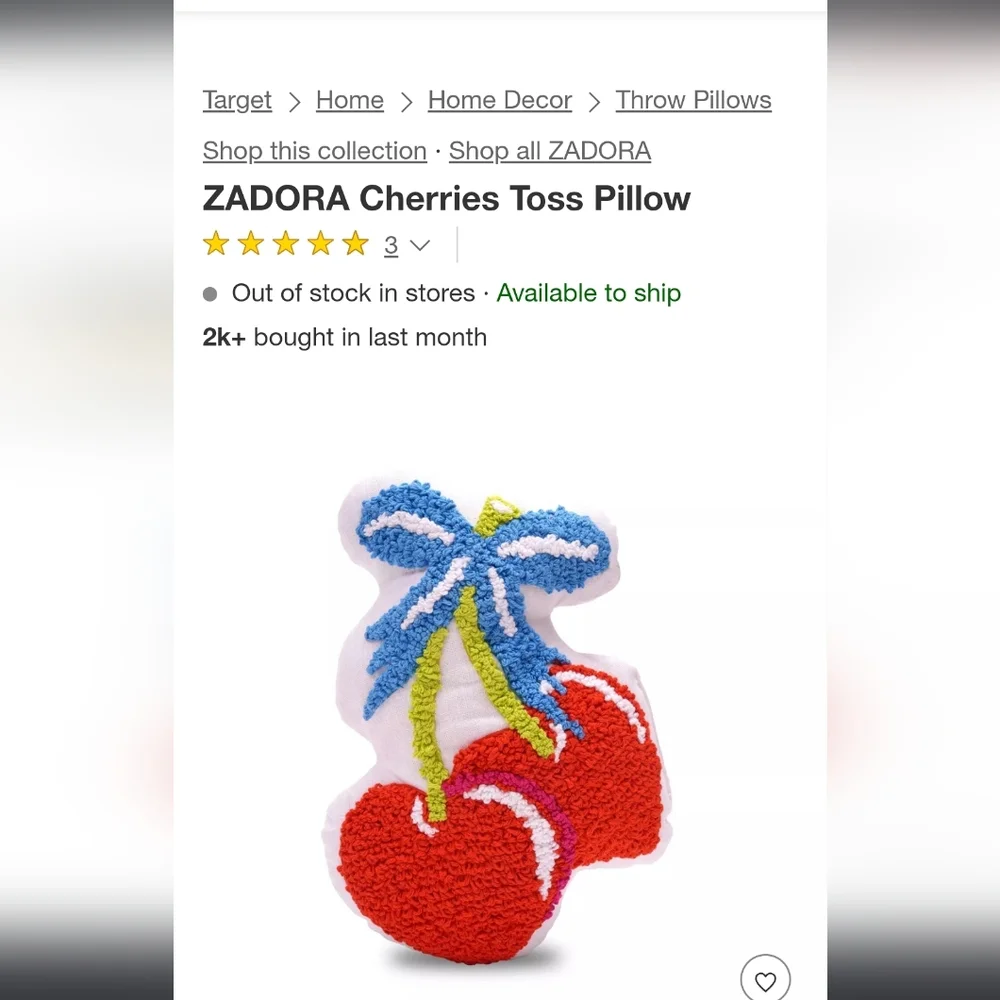 ZADORA -Teen Home Cherry Toss/Accent Decorative Pillow with Red & Blue SZ 14X20